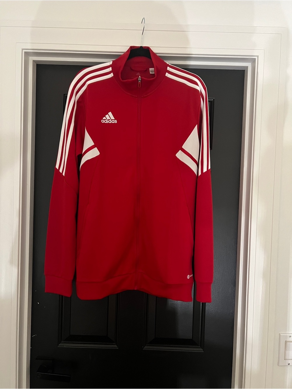 Adidas Men's Red Track Jacket with White Stripes